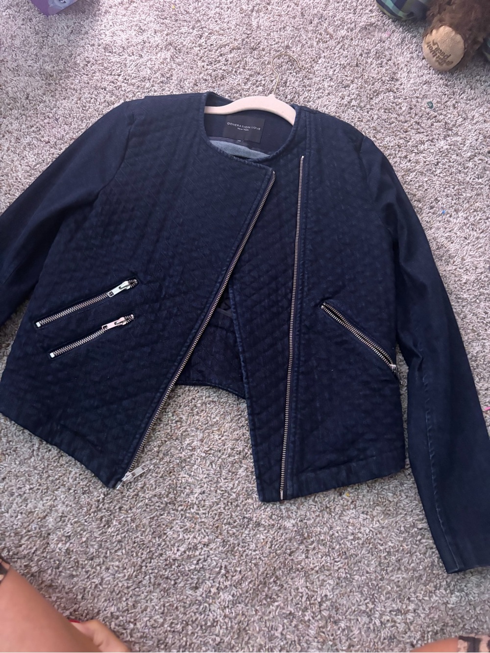 Generation Love Quilted Dark Blue Bomber Jacket with Silver Zippers